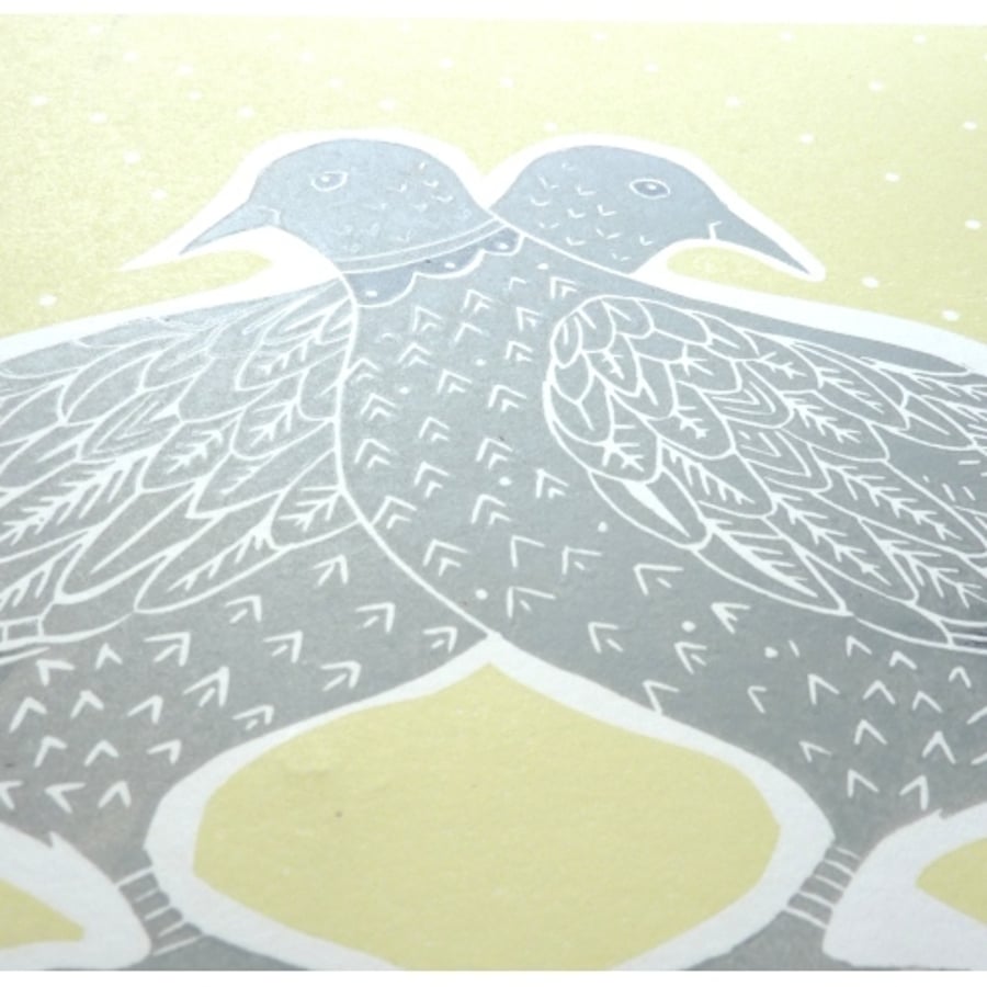 Original lino print "Collared Doves in Summer Rain"