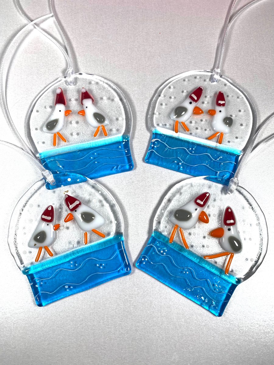 Seagulls snow globe fused glass Christmas decoration