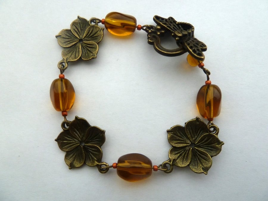 SALE amber and bronze flower bracelet