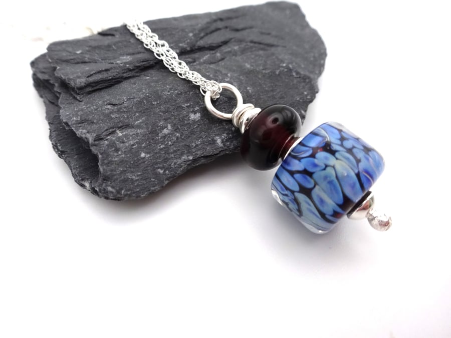 lampwork glass blue and purple pendant necklace