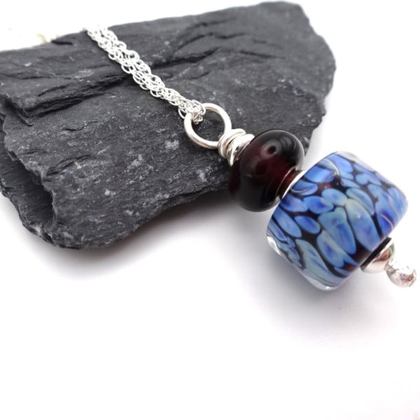lampwork glass blue and purple pendant necklace