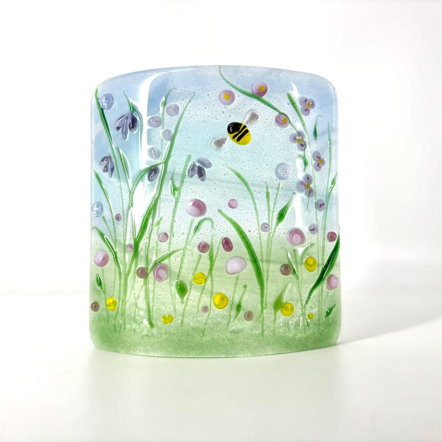 Pretty Glass Flower Meadow Panel with Bee