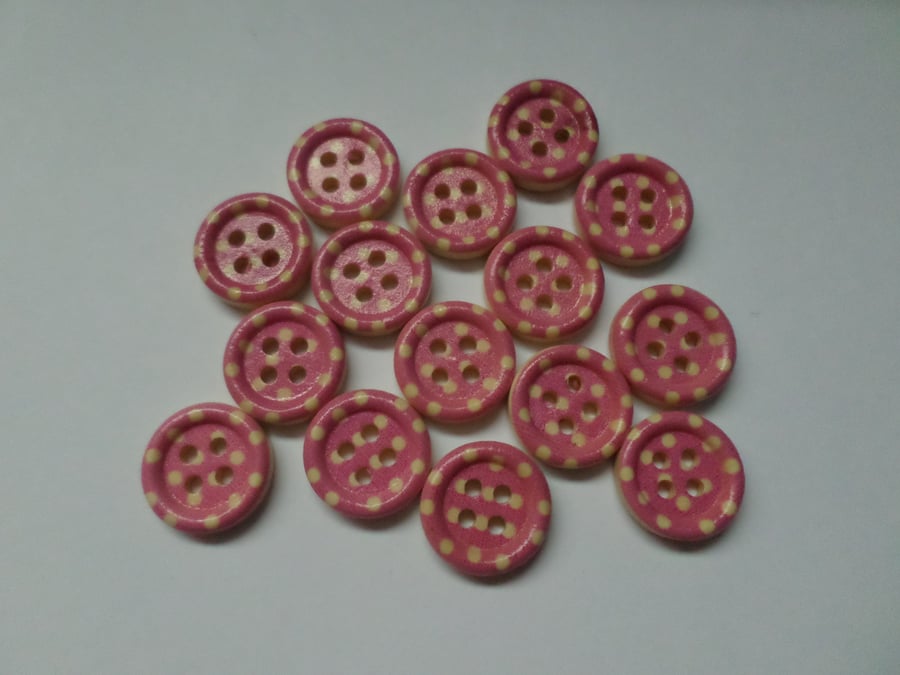 15 x 4-Hole Printed Wooden Buttons - Round - 15mm - Polka Dot - Bright Pink 