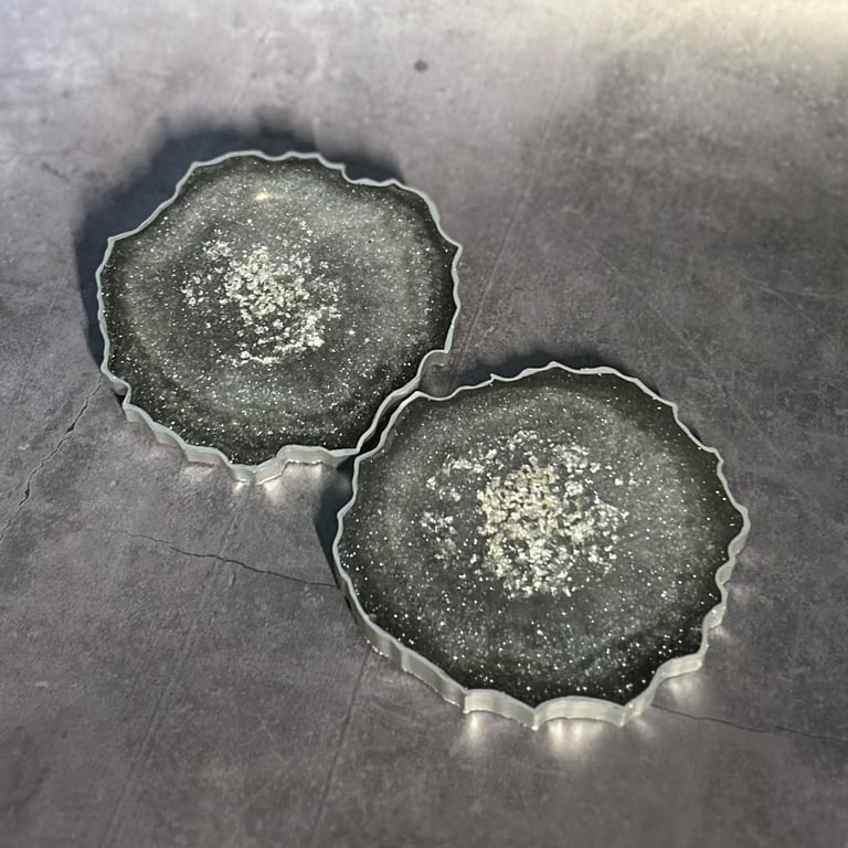 Resin Geode Style Set of 2 Coasters in Black and Silver with Silver Leaf