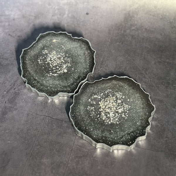 Resin Geode Style Set of 2 Coasters in Black and Silver with Silver Leaf