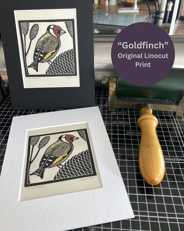 Linocut Print - Goldfinch - Bird Print - Original Lino Print  - Handprinted