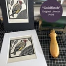 Linocut Print - Goldfinch - Bird Print - Original Lino Print  - Handprinted