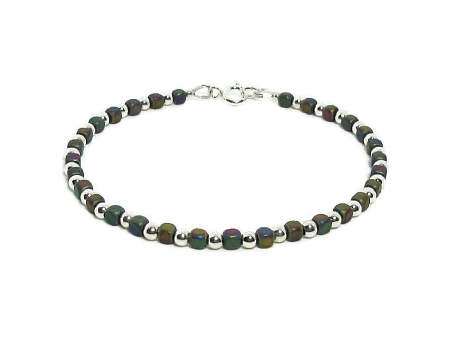 Ultra Slim Rainbow Hematite Cube Beads Bracelet With Sterling Silver