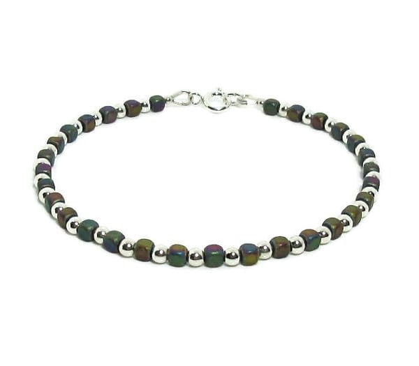 Ultra Slim Rainbow Hematite Cube Beads Bracelet With Sterling Silver