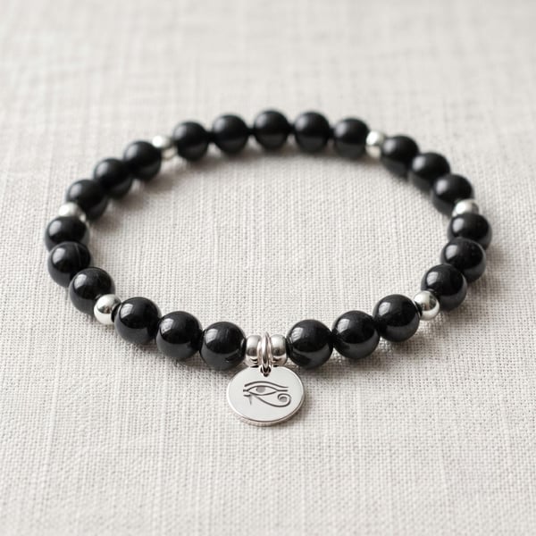 Black Tourmaline Crystal Bracelet, Protection, Personalised Engraved Gift
