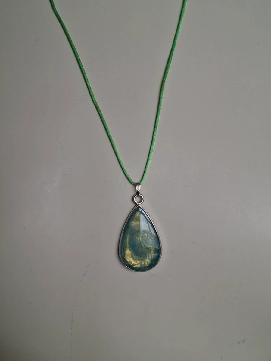 Gold and Green Teardrop Style Hand Made Resin Crafted Pendant 