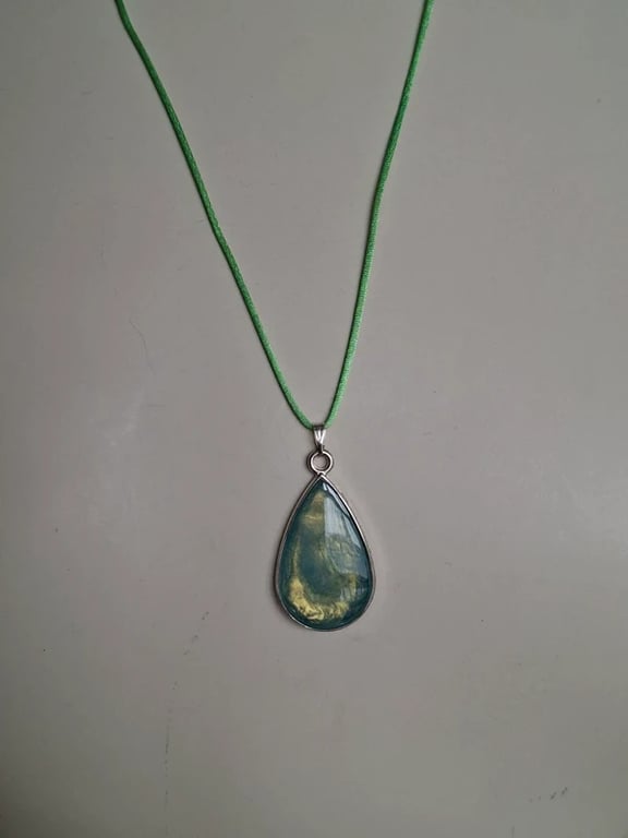 Gold and Green Teardrop Style Hand Made Resin Crafted Pendant 