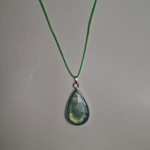 Gold and Green Teardrop Style Hand Made Resin Crafted Pendant 