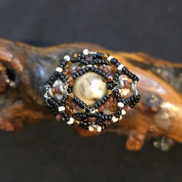 Brown and White Tree Agate Adjustable Statement Ring
