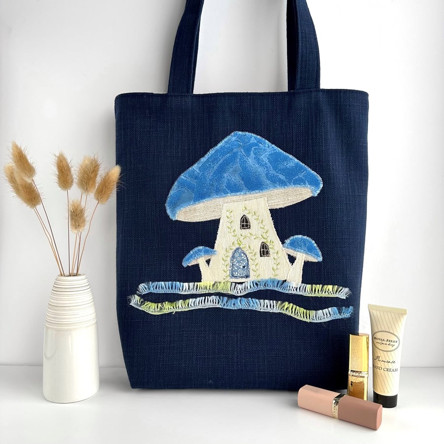 Mushroom House Tote Bag, Blue Bag with Fairy House Applique
