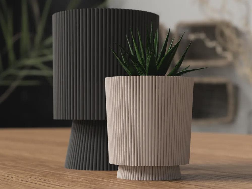 Japandi Ribbed Planter with Drip Tray 3D Printed Minimalist Decor
