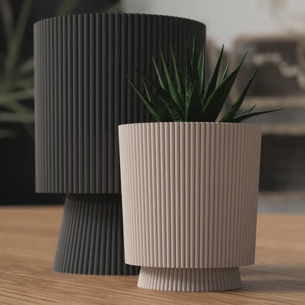 Japandi Ribbed Planter with Drip Tray 3D Printed Minimalist Decor