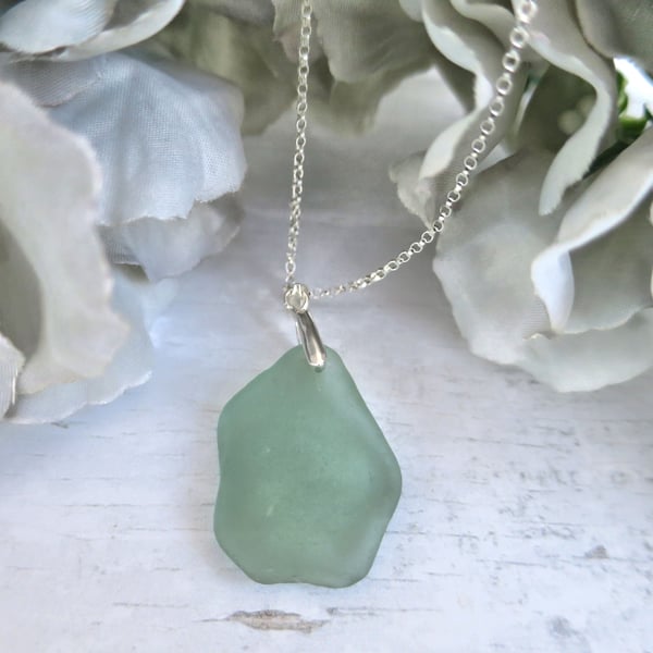 Scottish Sea Glass Necklace - Dark Seafoam Green - Folksy