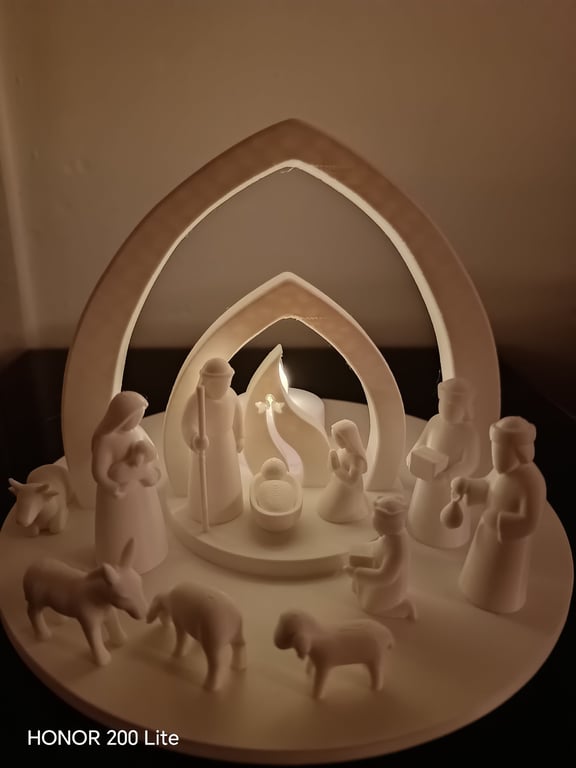 3D Printed White Nativity Scene with LED Tealight Included