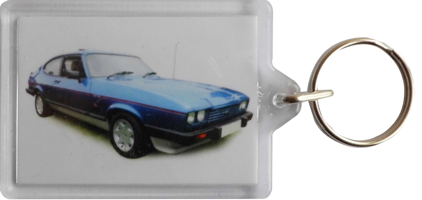 Ford Capri 2.8i 1986 (Blue) - Keyring with 50x35mm Insert - Car Fan