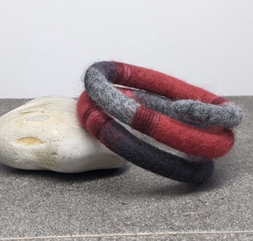 Felted bracelet - red and greys