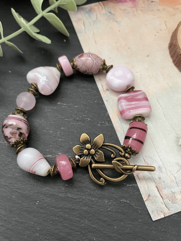 Pretty Pink Lamp work and gemstone beaded bohemian statement bracelet 