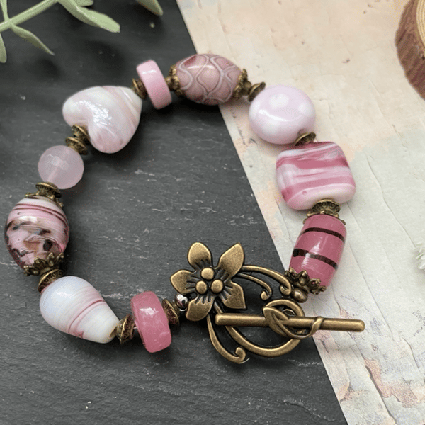 Pretty Pink Lamp work and gemstone beaded bohemian statement bracelet 
