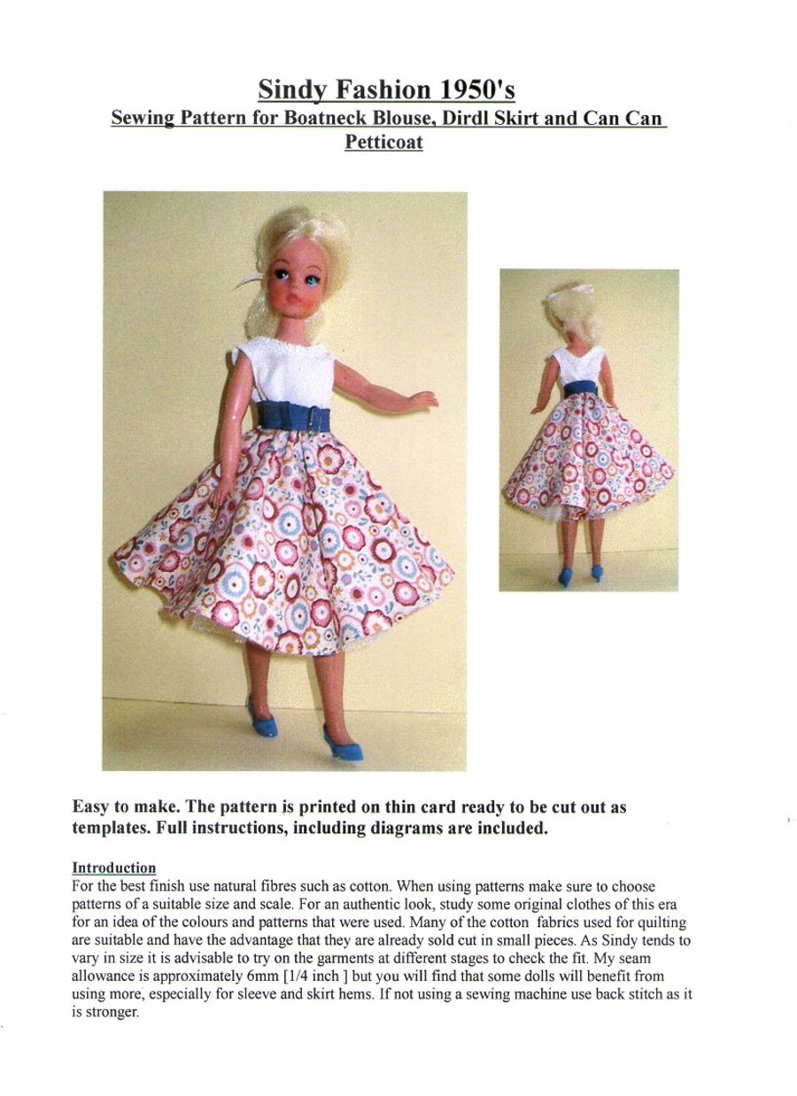 Sindy Sewing Pattern for 1950's skirt, boat neck blouse and Can Can petticoat