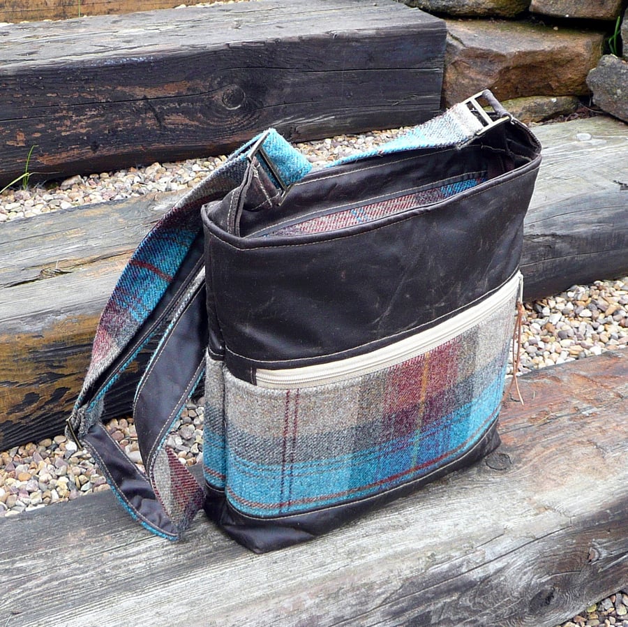 Wax canvas crossbody bag blue brown tweed shoulder bag water repellent bag