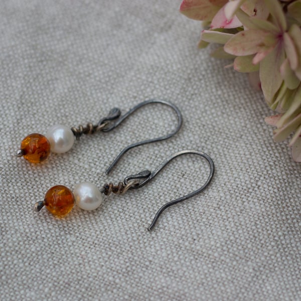 Freshwater pearl and amber Sterling silver drop earrings, gift for her.