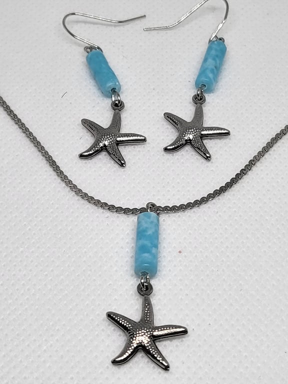 Blue Agate Starfish Necklace and Earrings Handmade Jewellery Set