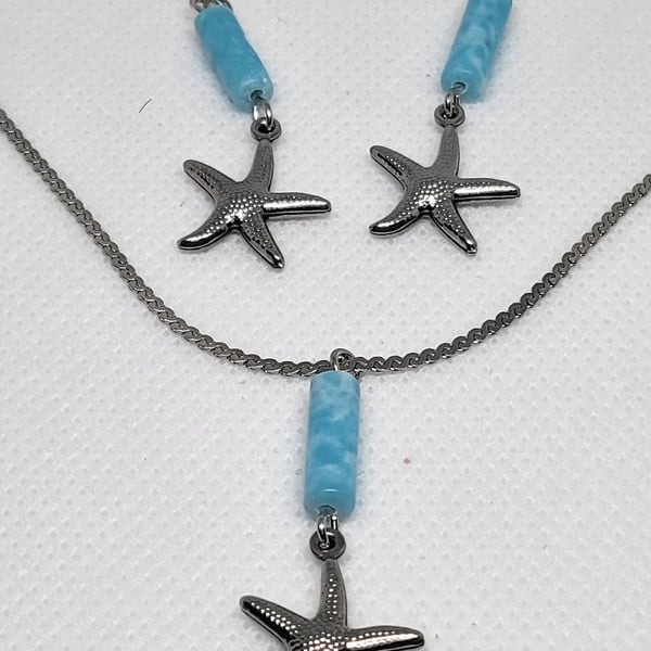 Blue Agate Starfish Necklace and Earrings Handmade Jewellery Set