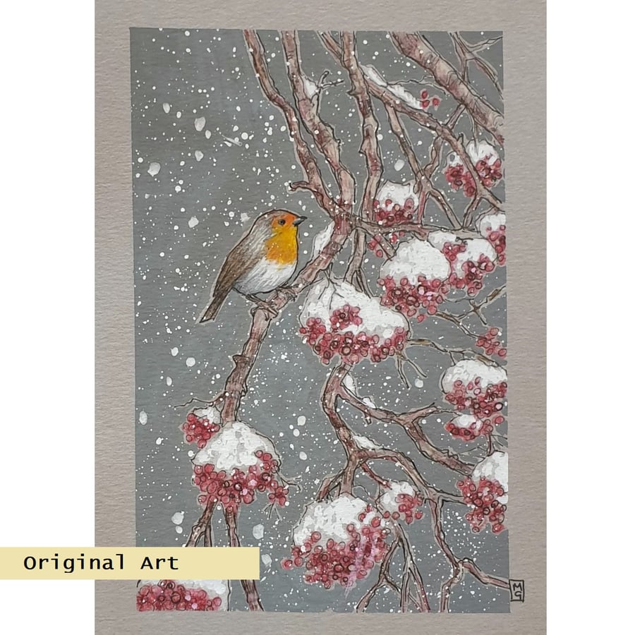 Little robin in a snow storm, original drawing, winter gift, wall art, bird art