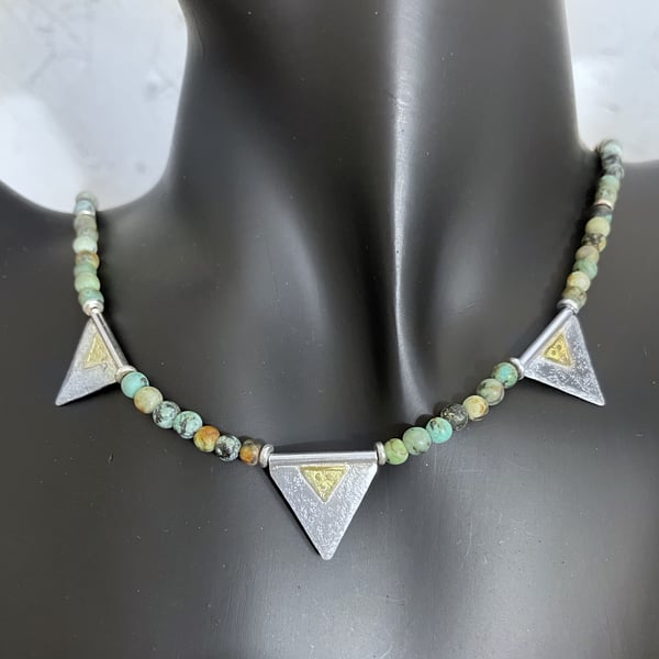 African turquoise necklace with silver and 18ct gold triangle beads