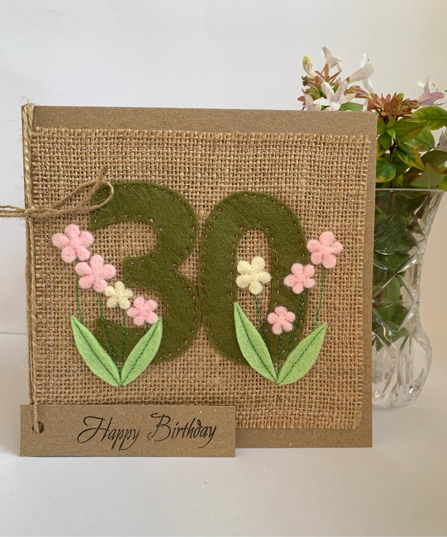 Handmade 30th Birthday Card. Keepsake Card. Textile Card.
