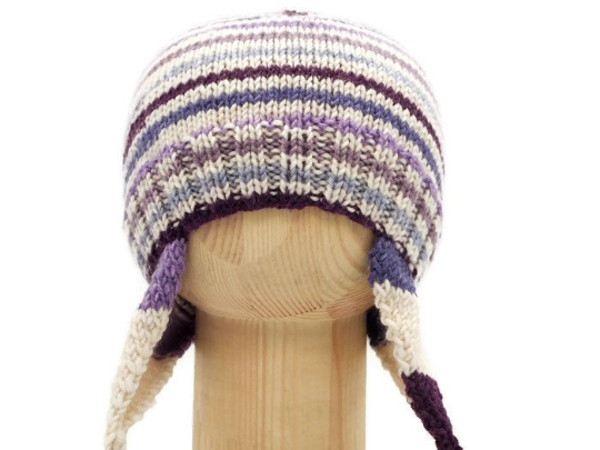 Hand knitted ear flap baby hat in shades of purple and cream stripes
