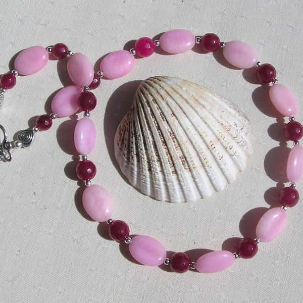 Rose Quartz & Natural Pink Ruby Gemstone Beaded Statement Necklace "Rosie"