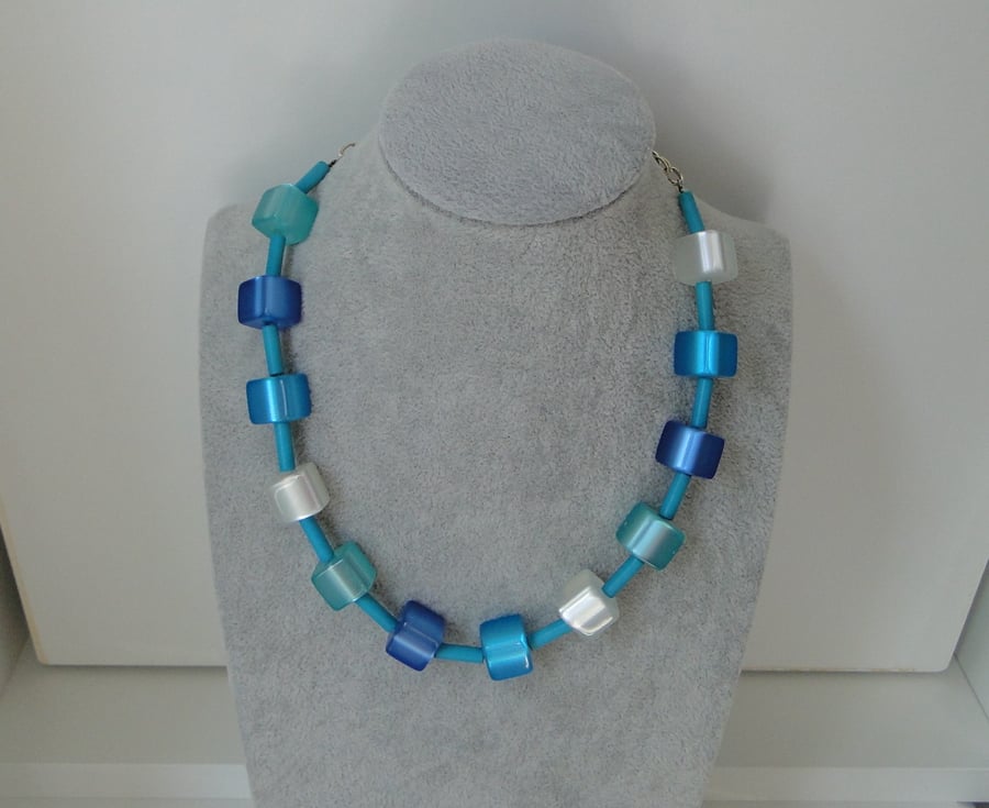 Something blue   Necklace in multiple shades of blue cubes  Summer   Daytime