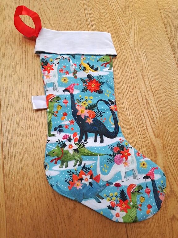 Dinosaur themed cotton fabric Christmas stocking