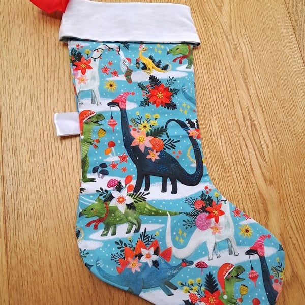 Dinosaur themed cotton fabric Christmas stocking