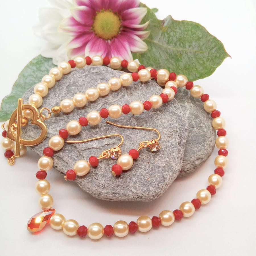 Champagne Pearl and Red Crystal Necklace and Earrings, Pearl Jewellery Set