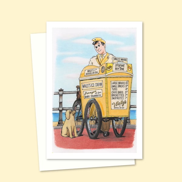 Seaside Greeting Card - Pencil Illustration of an Ice Cream Man and Cute (810)