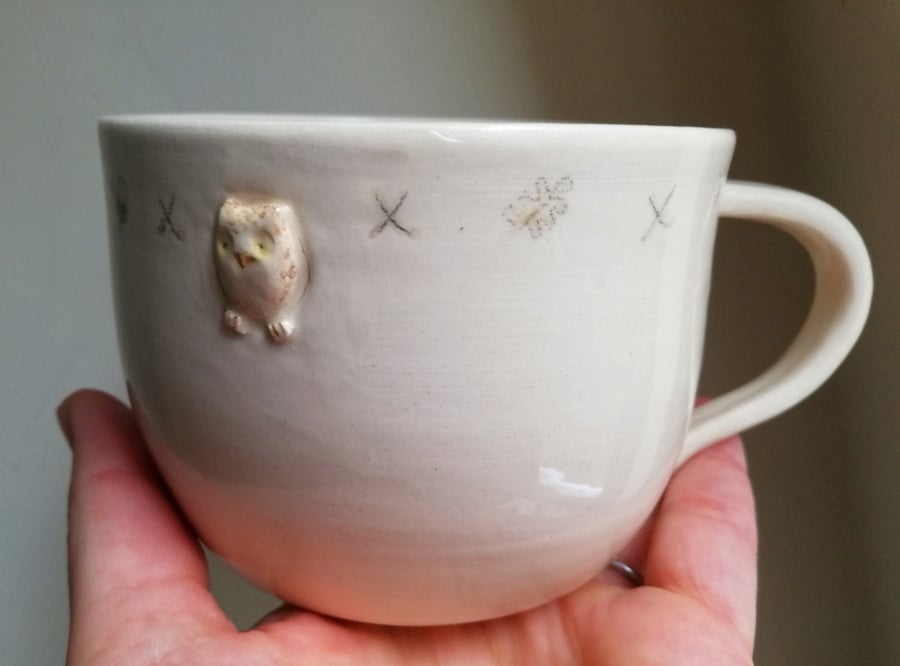 Hand thrown ceramic owl mug with tiny bird & dots bird lover gift Seconds Sunday