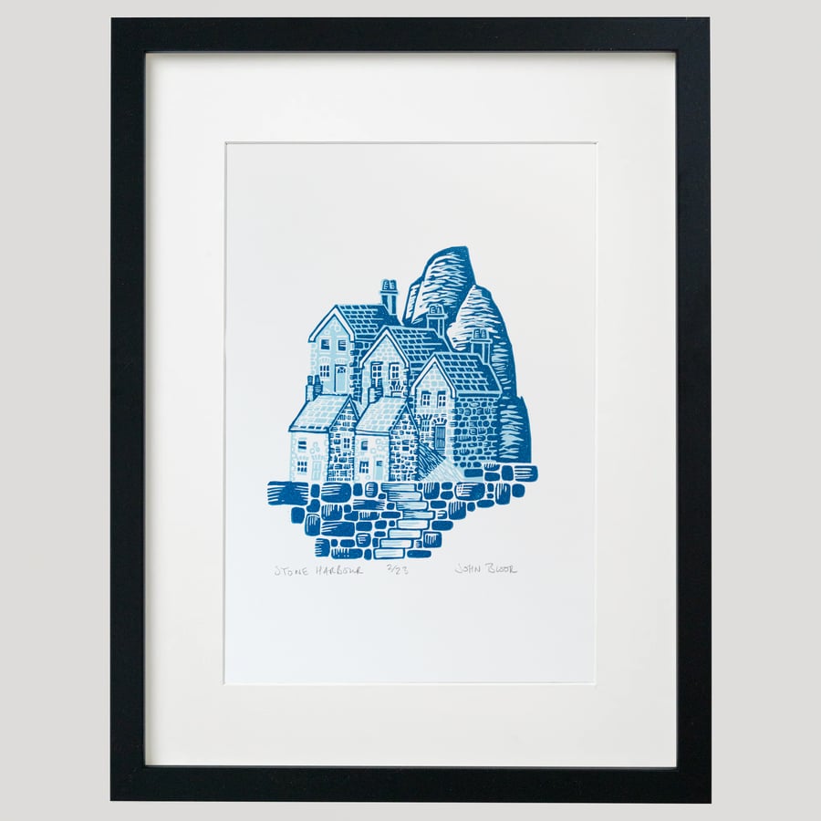 "Stone Harbour" linocut print, framed