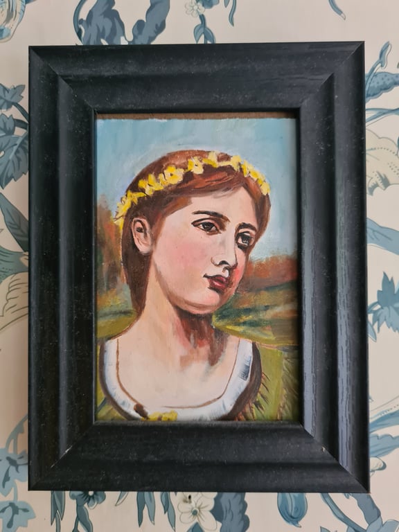 Small original portrait oil painting of a Pre-Raphaelite girl