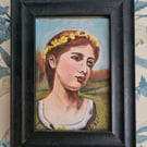 Small original portrait oil painting of a Pre-Raphaelite girl