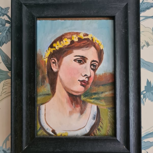 Small original portrait oil painting of a Pre-Raphaelite girl