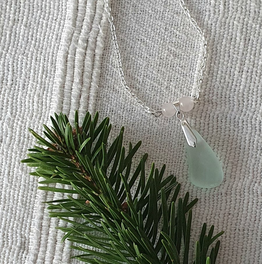 Seafoam Seaglass & Rose Quartz Handmade  Necklace