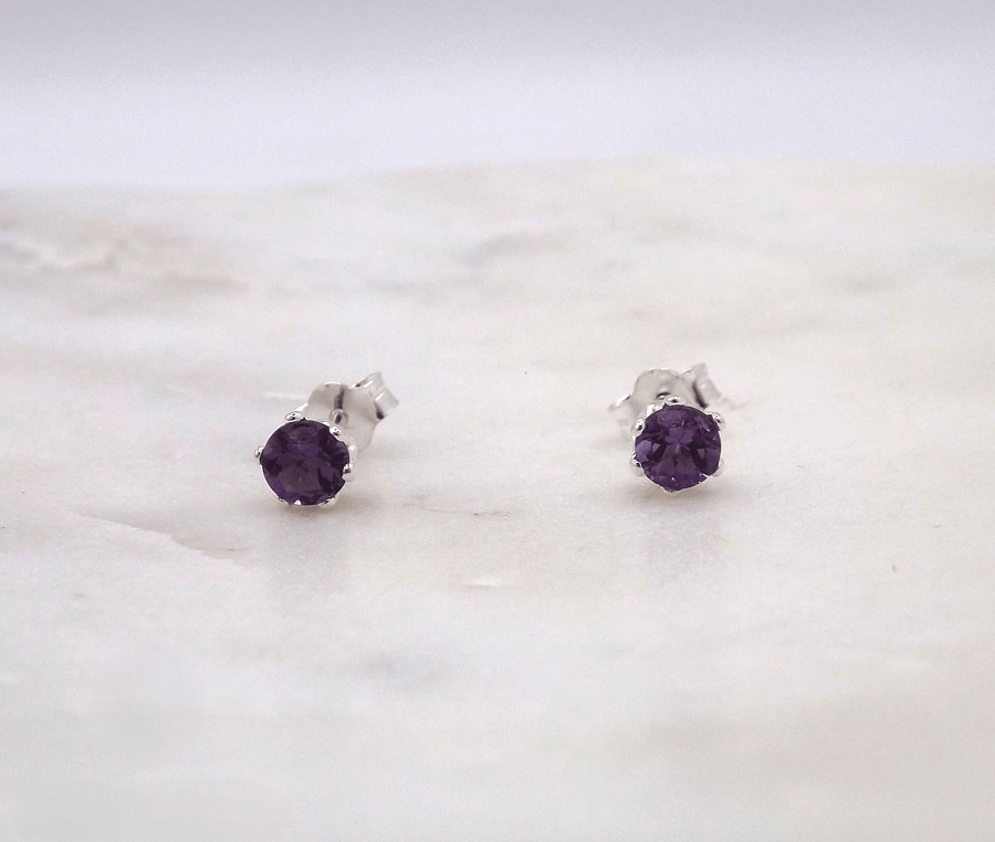 African Amethyst Facet 4mm Gemstone 6 Prong Facet Sterling Silver Stud Earrings.