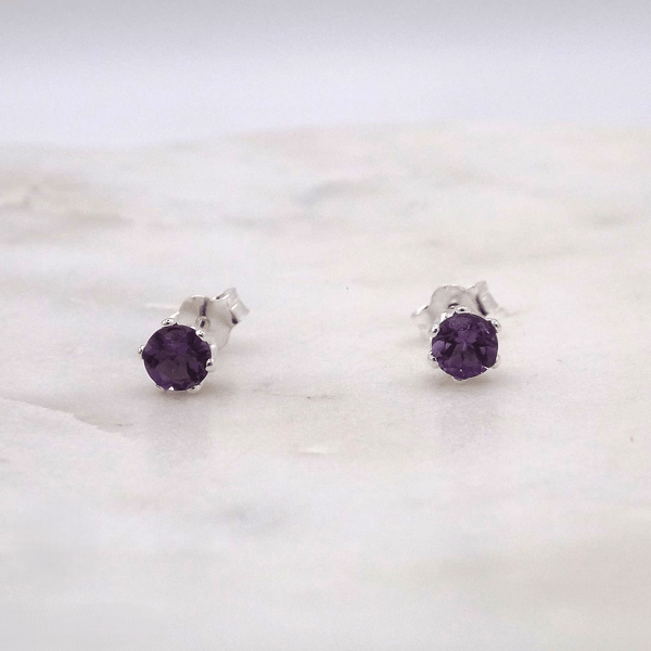 African Amethyst Facet 4mm Gemstone 6 Prong Facet Sterling Silver Stud Earrings.